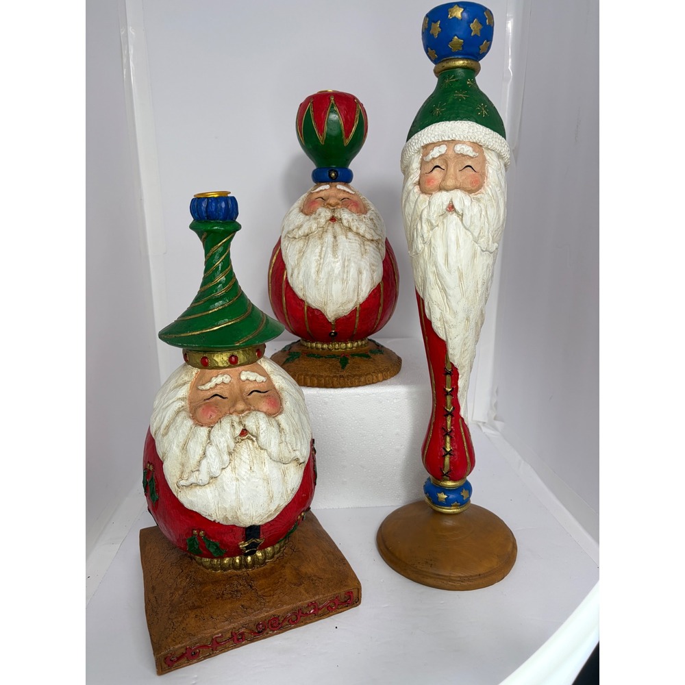 Vintage‎ Christmas Santa Candle Holder Set of 3 Resin Folk Art Holiday Decor